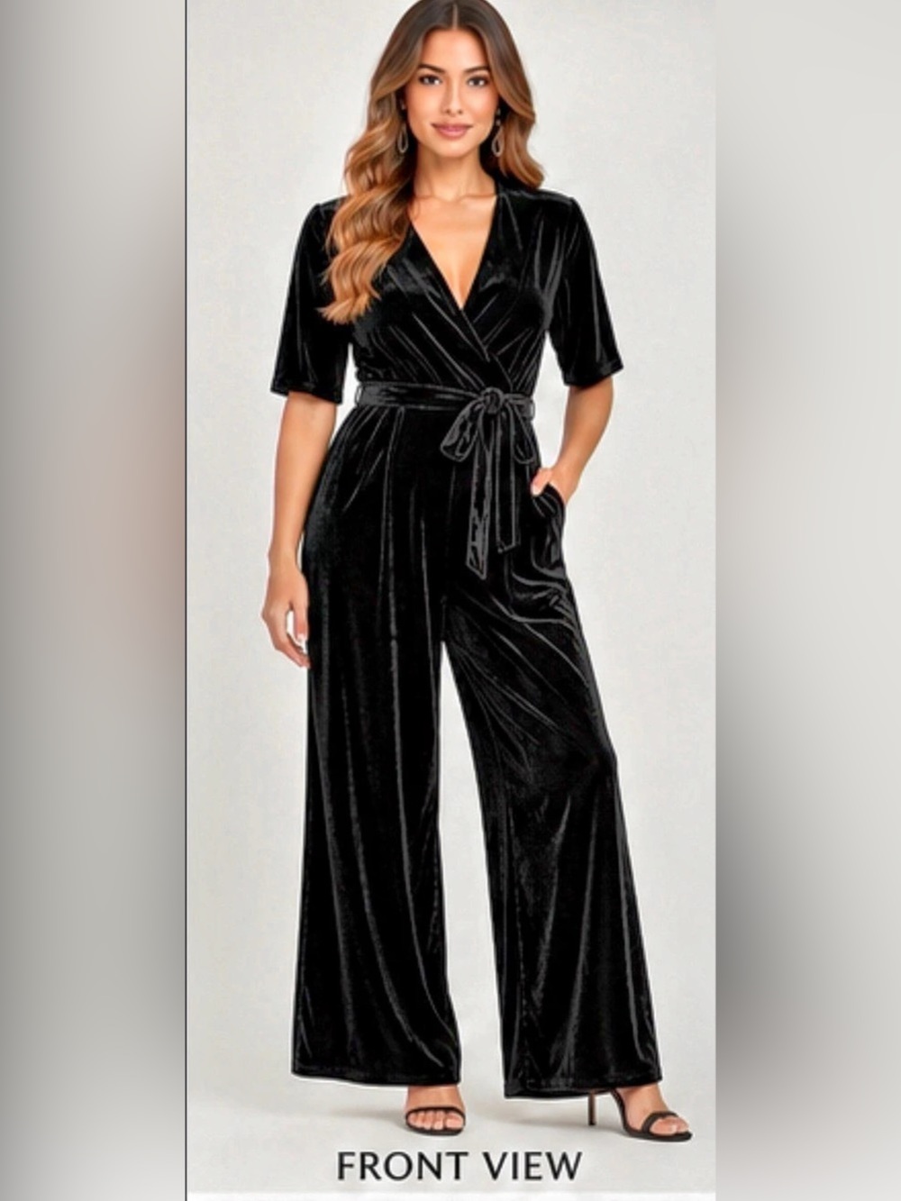 PARISIAN Black Velvet Wrap Wide-Leg Jumpsuit Pantsuit – Tie Waist – US 6 / UK 10